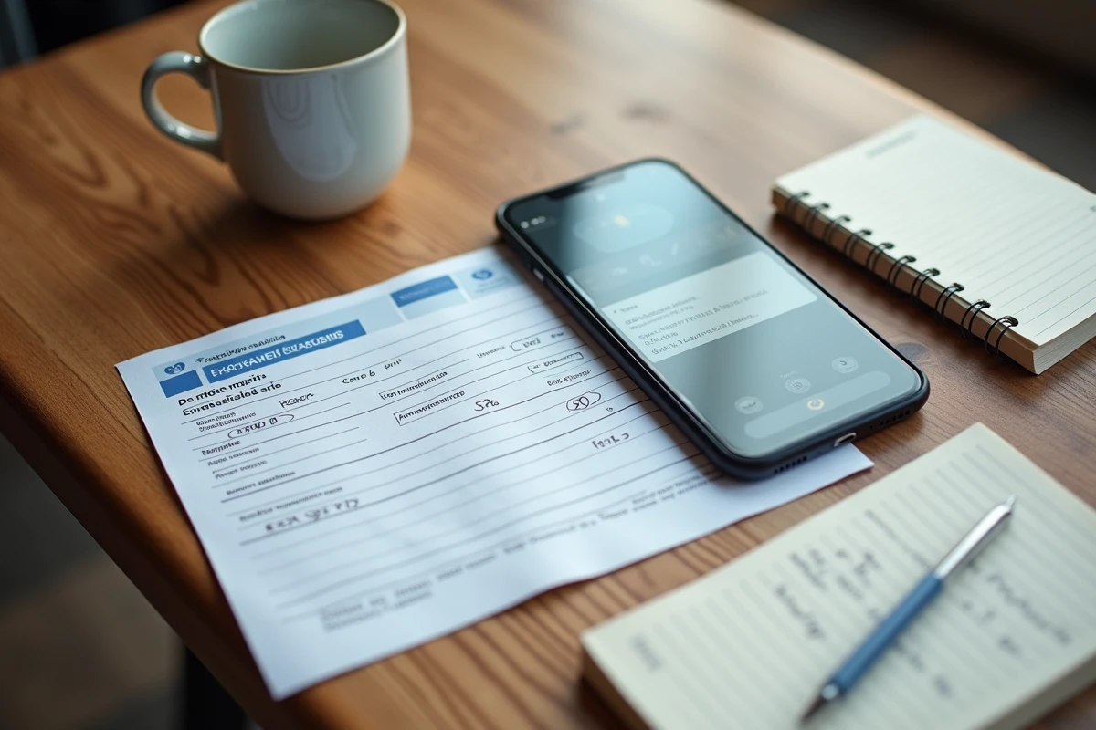 Vue de dessus d'un RIB bancaire et d'un smartphone ouvert sur l'application France Travail pour modifier ses coordonn&eacute;es bancaires