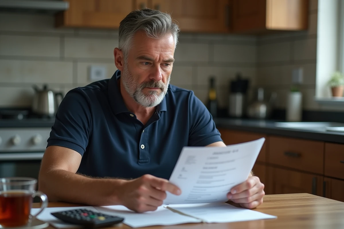 Salarié lisant un avis d'imposition à domicile pour vérifier ses heures supplémentaires déclarées