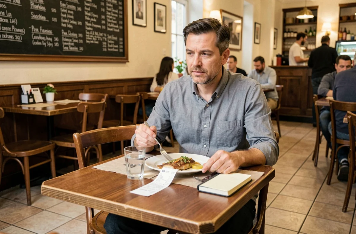 Un salarié prend son repas au restaurant en conservant le reçu pour déduire ses frais professionnels dans sa déclaration fiscale