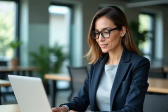 Salariée utilisant la plateforme myarkevia sur son ordinateur portable dans un bureau moderne