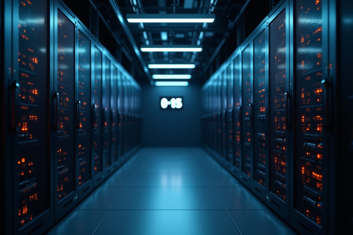 Salle de serveurs modernes avec rigs miniers éteints et horloge numérique