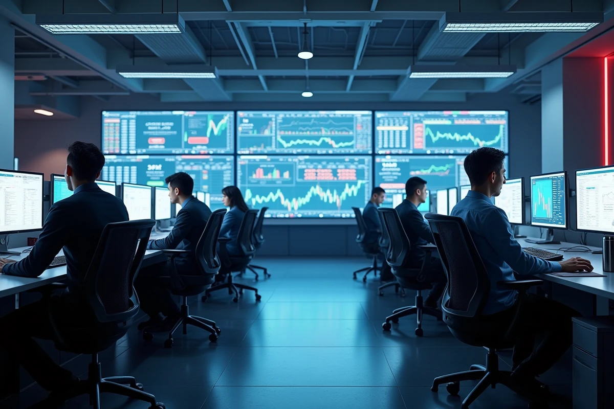 Salle de trading de cryptomonnaies avec traders surveillant la liquidation en cascade de Solana sur des écrans géants affichant des pertes