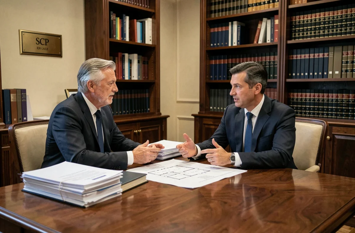 Les notaires associés de SCP Dietsch et Bokobza Grabarz en réunion professionnelle autour de documents fonciers