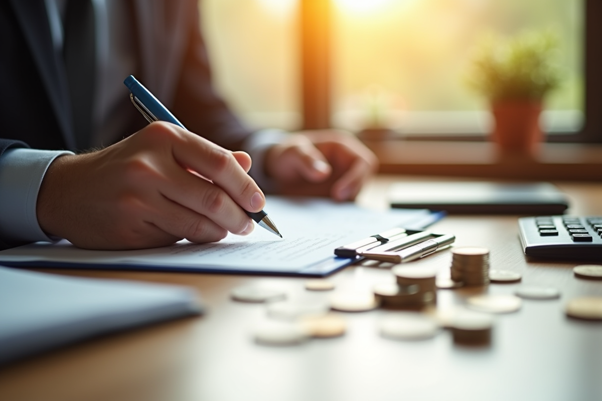 Mains signant un accord financier avec calculatrice et pièces