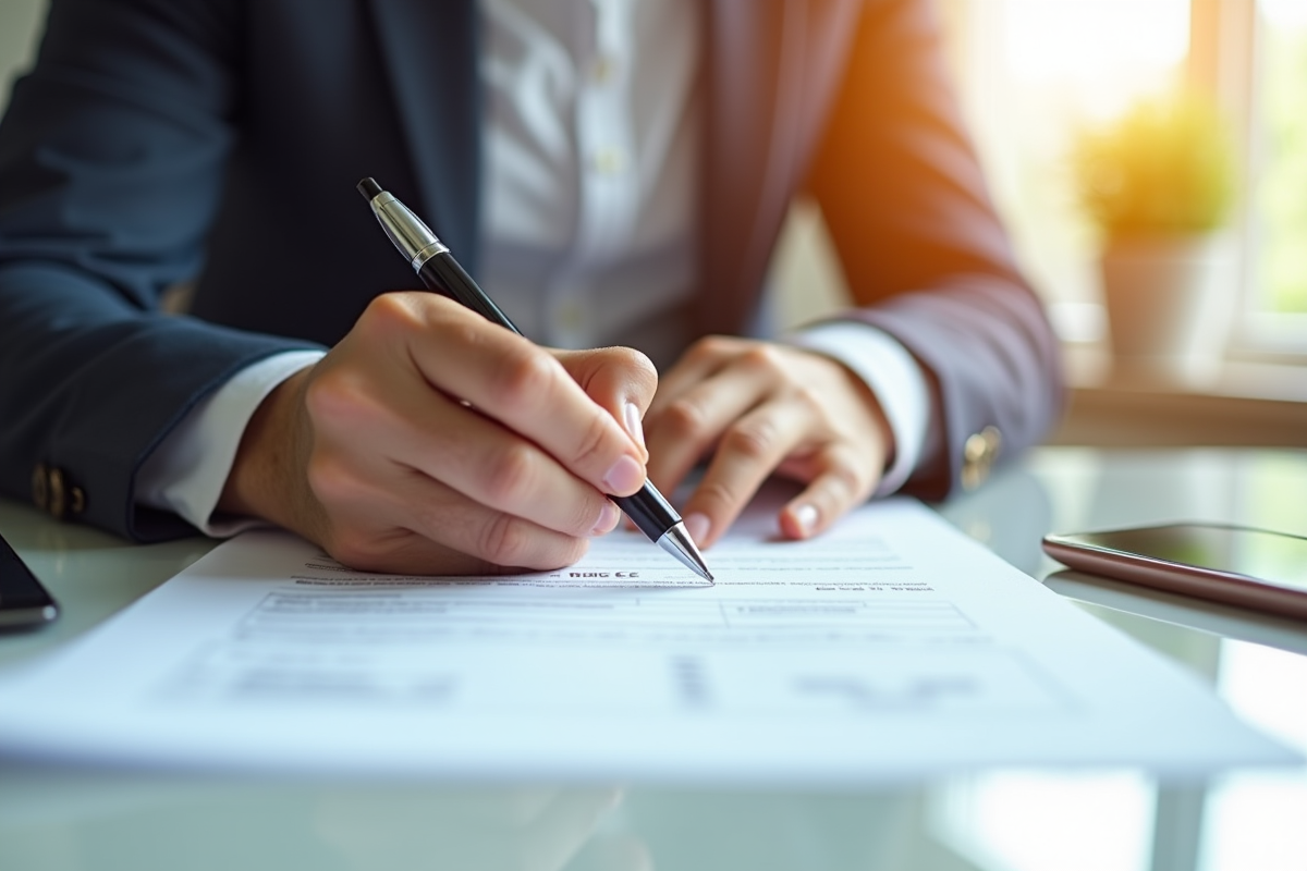 Personne signant un document d'annulation d'assurance à un bureau lumineux