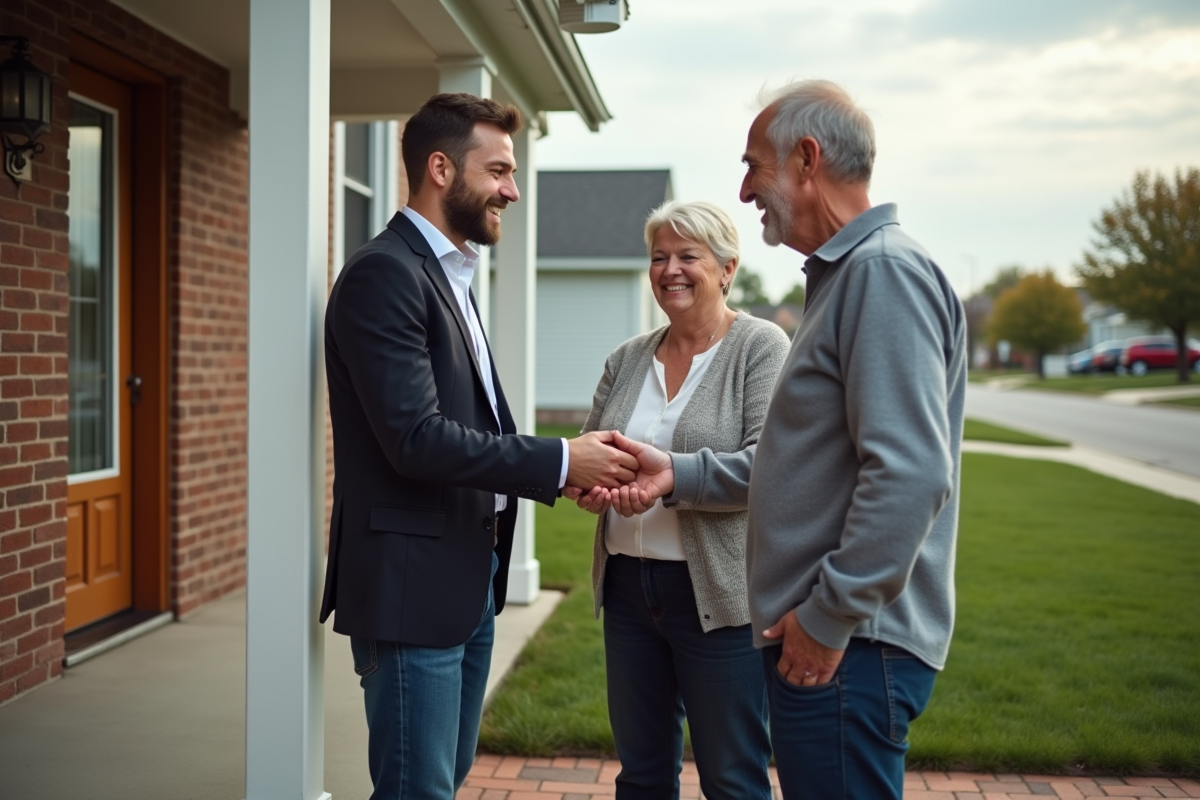 Agent immobilier remettant clés à un couple devant maison