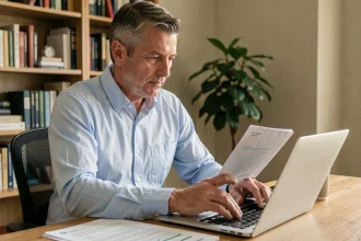 Homme d'une cinquantaine d'années consultant ses documents d'épargne salariale sur un ordinateur portable dans un bureau à domicile