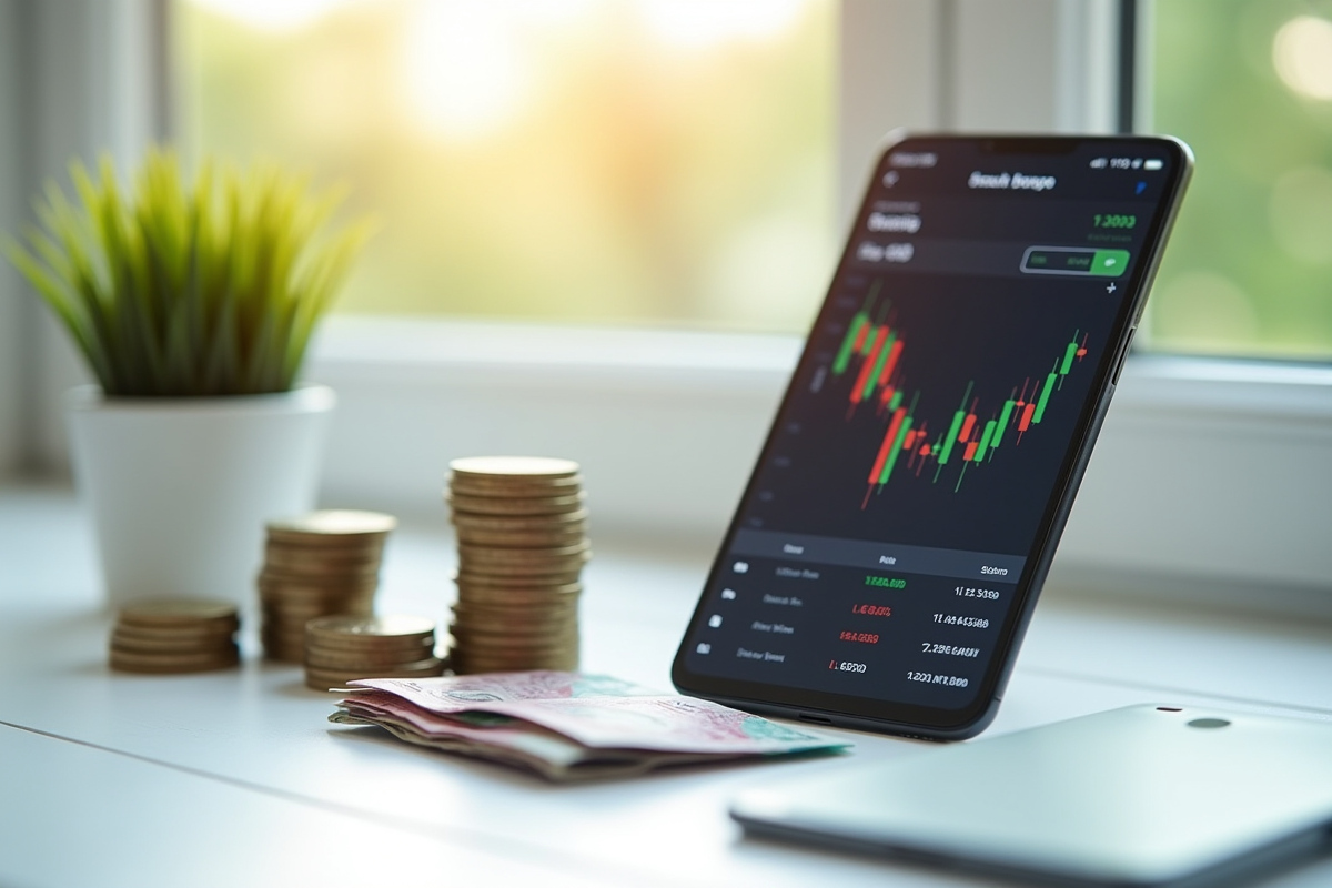 Smartphone affichant une application boursiere avec pièces et billets