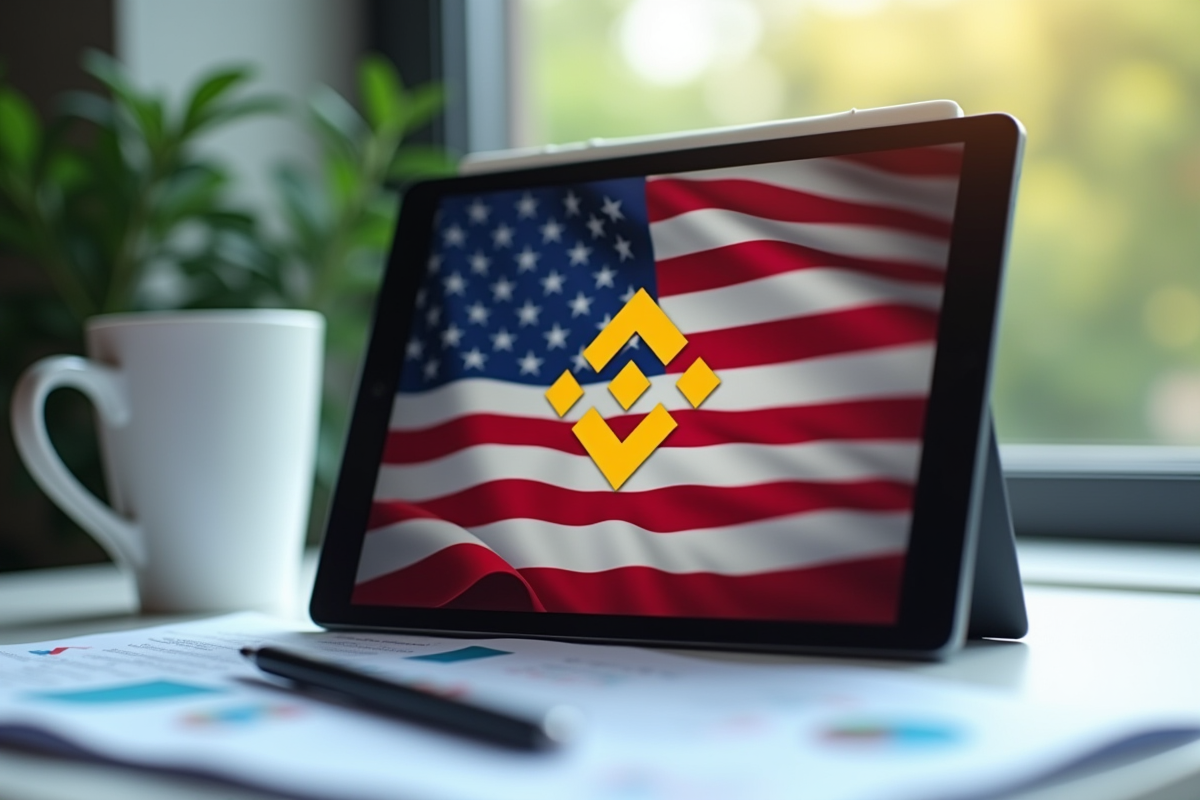 Tablette avec logo Binance et drapeau USA sur bureau lumineux
