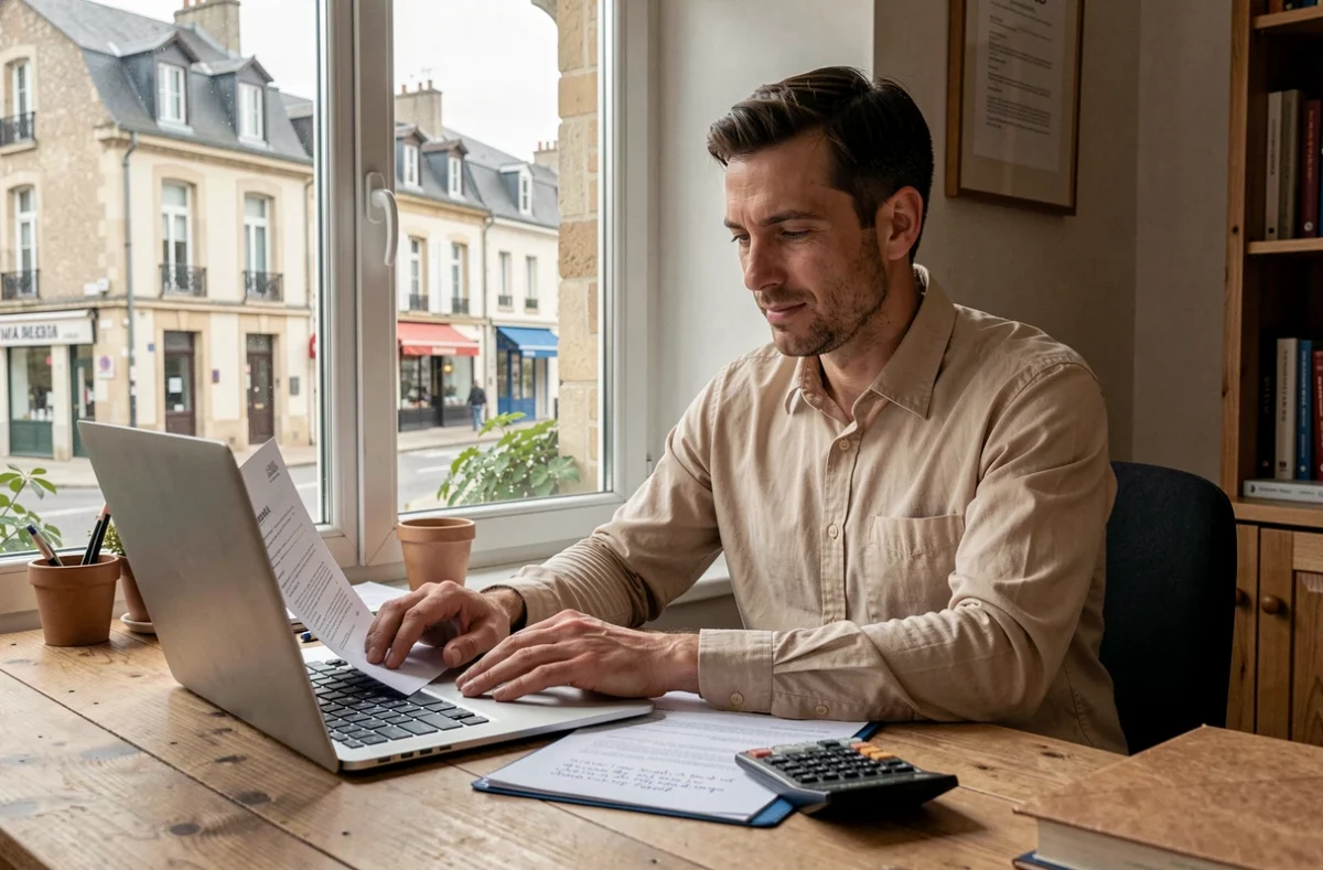 Courtier indépendant TCourtage à son bureau en Mayenne étudiant un dossier de prêt