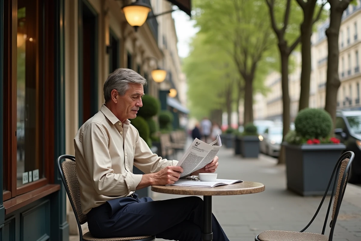 Homme élégant attablé en terrasse de café parisien lisant un journal, symbole d'un art de vivre à Paris alliant réussite et dolce vita franco-américaine
