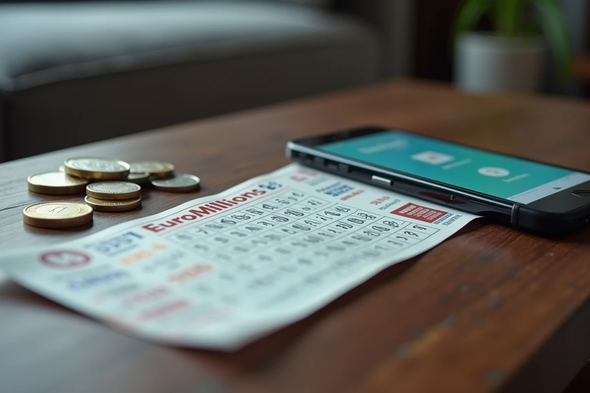 Ticket EuroMillions Étoile+ posé sur une table avec des pièces en euros et un smartphone affichant des résultats de loterie