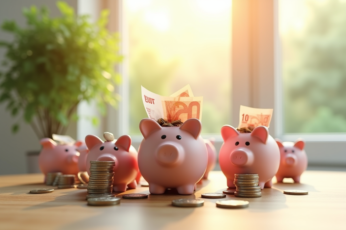 Tirelires et billets d euro sur une table en lumière naturelle