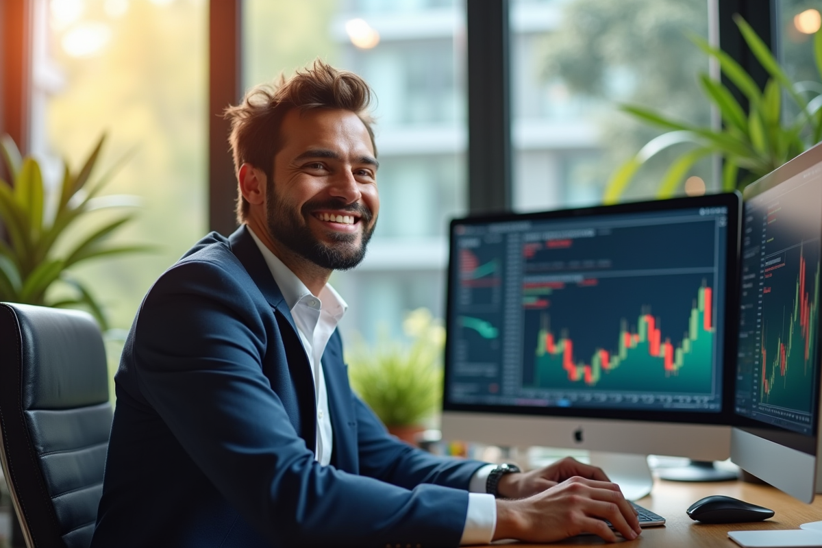 Trader heureux dans un bureau lumineux avec écrans financiers