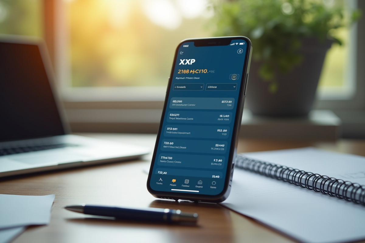 Smartphone affichant une transaction XRP sur un bureau en journée