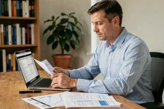 Homme consultant son compte PEA en ligne sur un ordinateur portable pour effectuer un transfert vers Boursorama