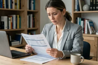 Femme vérifiant des documents administratifs avec références de créances publiques sur un bureau en bois