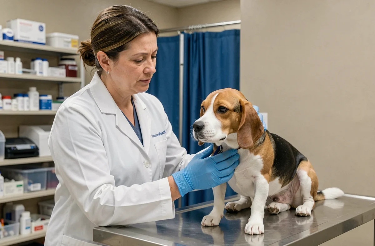 Vétérinaire examinant un beagle en clinique, rappelant l'importance de l'assurance santé chien Otherwise