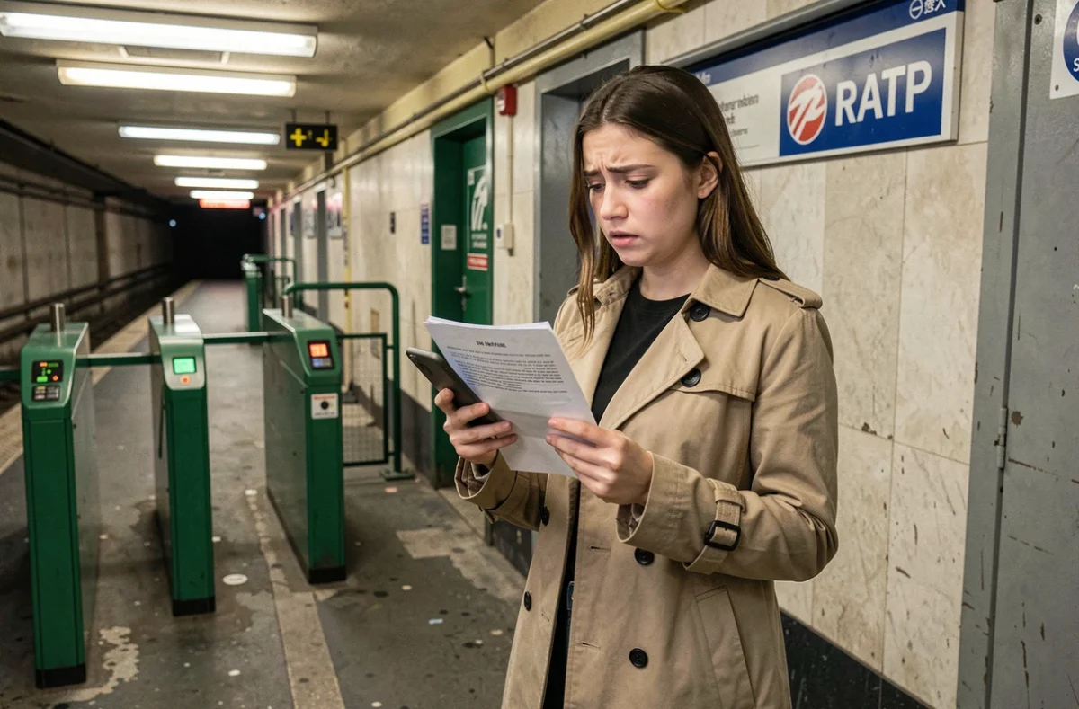 Jeune femme consultant un avis d'amende RATP devant les portiques de validation dans le métro parisien